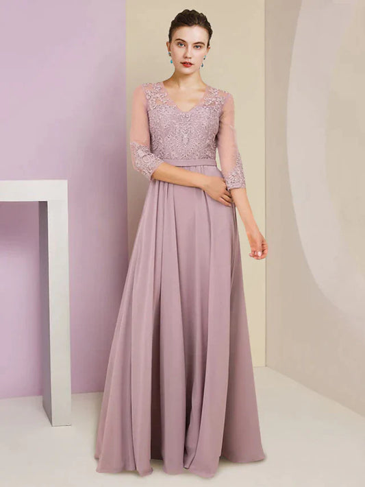 DingjiA-Line Mother of the Bride Dress Formal Wedding Guest Elegant V Neck Floor Length Chiffon Lace 3/4 Length Sleeve with Pleats Appliques
