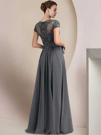 Sheath / Column Mother of the Bride Dress Wedding Guest Party Elegant Jewel Neck Floor Length Chiffon Lace Short Sleeve with Pleats