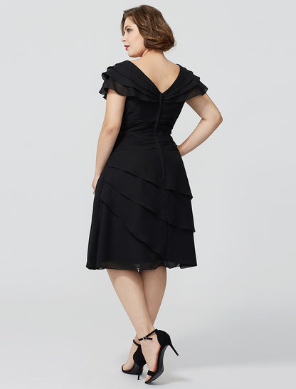 Aimishang A-Line Mother of the Bride Dress Plus Size Elegant Sexy V Neck Knee Length Chiffon Short Sleeve No with Beading Tiered