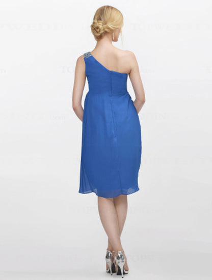 Sheath / Column Bridesmaid Dress One Shoulder Sleeveless Open Back Knee Length Chiffon with Crystals
