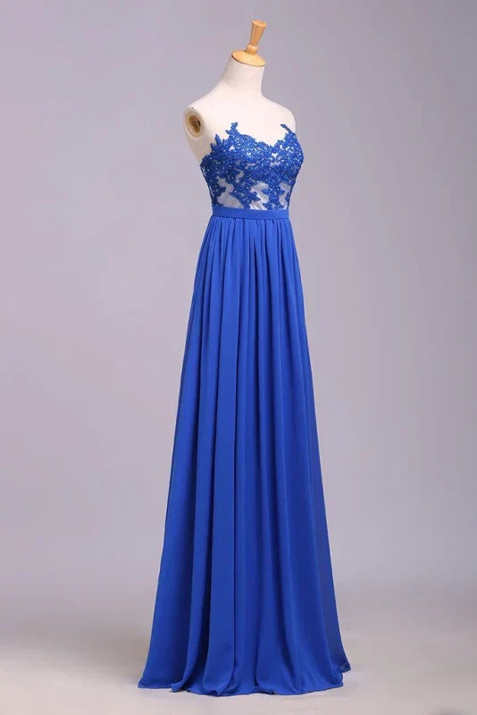 Elegant Strapless Chiffon Evening Lace Appliques Long Prom Dress Royal Blue