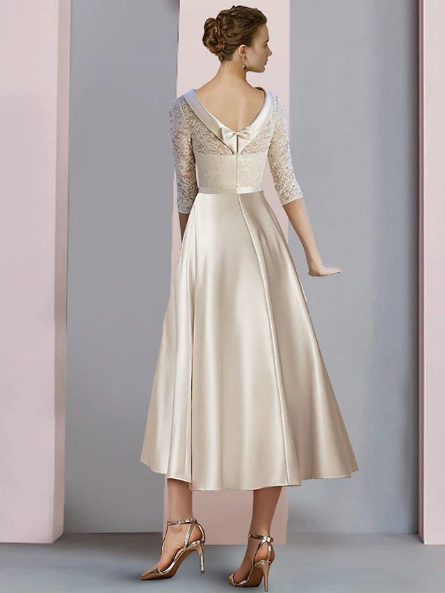 Sheath / Column Mother of the Bride Dress Wedding Guest Party Elegant Scoop Neck Tea Length Satin Lace Half Sleeve with Bow(s)