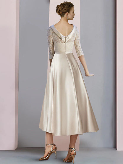 Sheath / Column Mother of the Bride Dress Wedding Guest Party Elegant Scoop Neck Tea Length Satin Lace Half Sleeve with Bow(s)