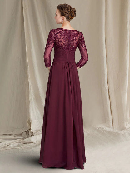 Sheath / Column Mother of the Bride Dress Plus Size Elegant Jewel Neck Floor Length Chiffon Lace 3/4 Length Sleeve with Ruched