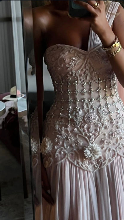 Chiffon Prom Dresses Long with Silver Beaded A Line Wedding Party Outfits