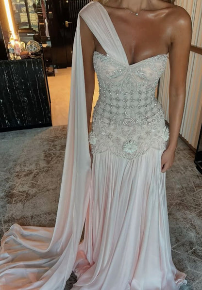Chiffon Prom Dresses Long with Silver Beaded A Line Wedding Party Outfits