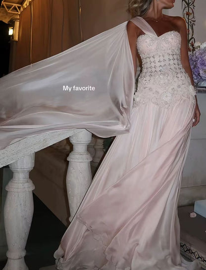 Chiffon Prom Dresses Long with Silver Beaded A Line Wedding Party Outfits