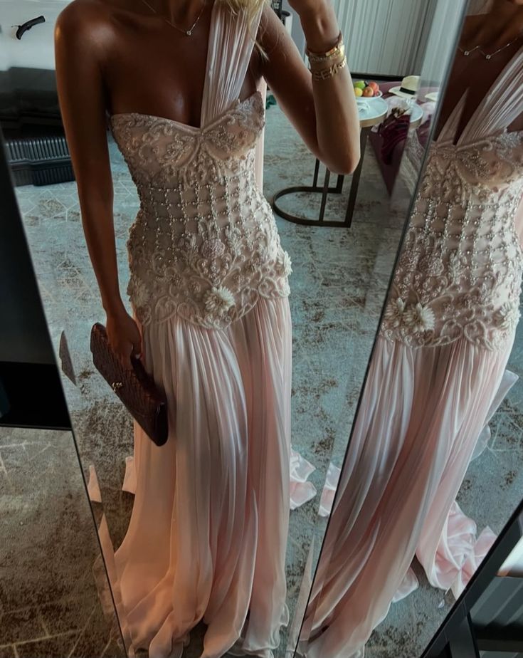 Chiffon Prom Dresses Long with Silver Beaded A Line Wedding Party Outfits