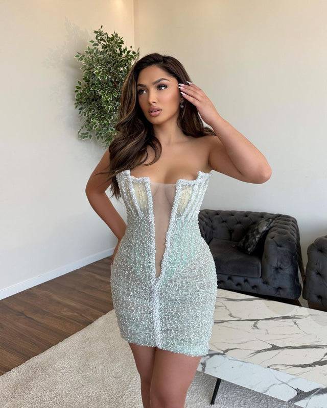 Exquisite V-Neck Beaded Prom Dress with Front Slit