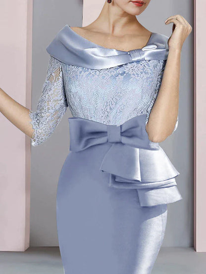 DingjiSheath / Column Mother of the Bride Dress Wedding Guest Party Elegant Scoop Neck Knee Length Satin Lace Half Sleeve with Bow(s) Ruching