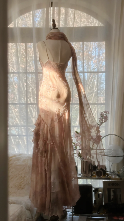 Vintage Champagne Sparkling Elegant Beaded Gorgeous Chiffon Evening Dress Prom Dress HZ1024