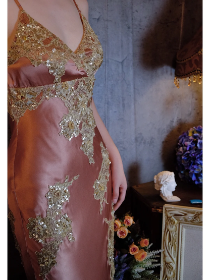 Vintage Champagne Sparkling Beaded Spaghetti Strap Design Elegant Satin Evening Dress Prom Dress HZ1024