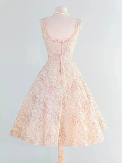 Retro Pink Floral Exquisite Embroidery Design A-Line Short Homecoming Dress Party Dress HZ1024