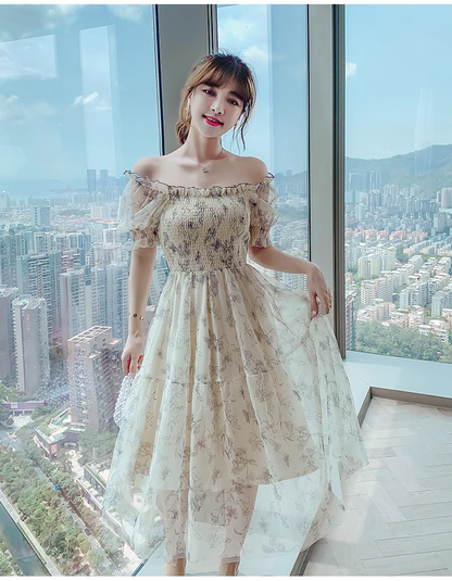 Simple Fashion Floral Short Sleeves Design Chiffon Women Dress HZ1024