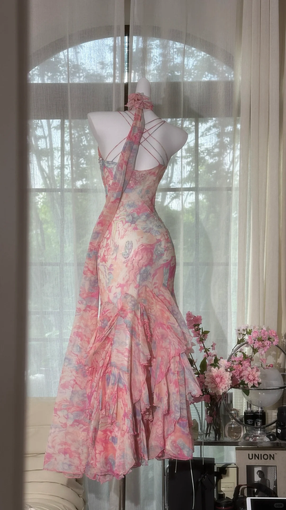 Elegant Fairy Mermaid Long Chiffon Spaghetti Strap Ball Gown Evening Dress Prom Dresses HZ1024