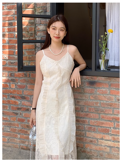 New Fashion White Floral Design Lace A-line V-neck Spaghetti Strap Dress HZ1024