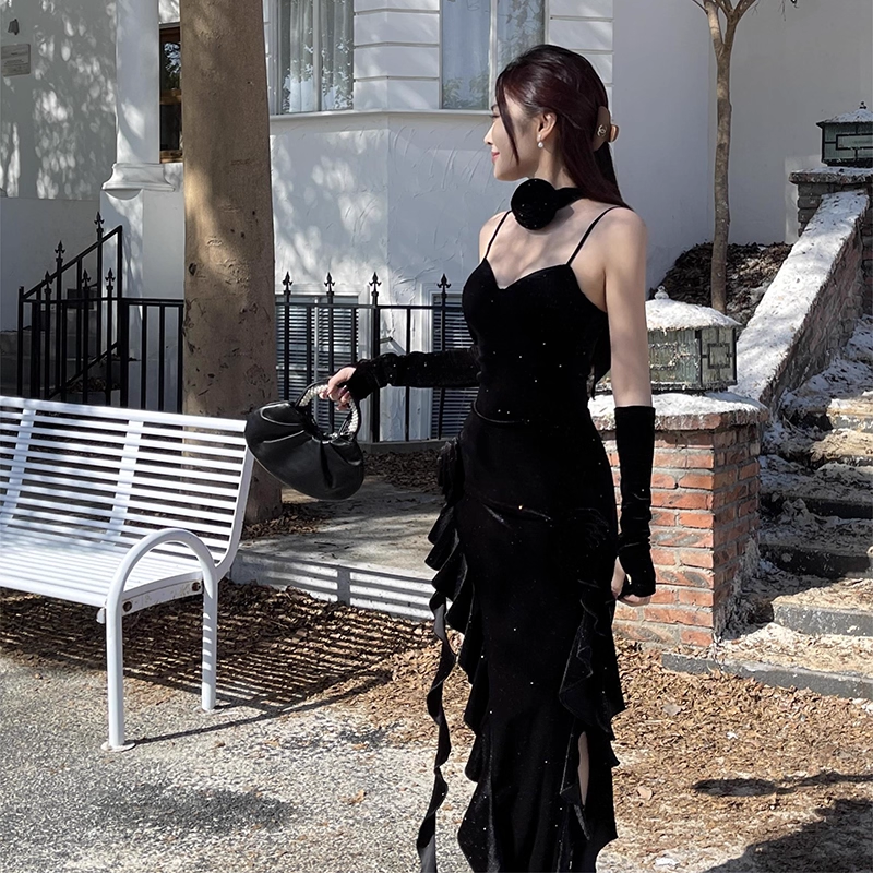 Vintage Glittering Sequin Sweetheart Spaghetti Strap Ruffled High Slit Prom Dress Evening Dress HZ1024