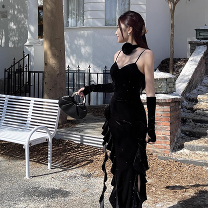 Vintage Glittering Sequin Sweetheart Spaghetti Strap Ruffled High Slit Prom Dress Evening Dress HZ1024