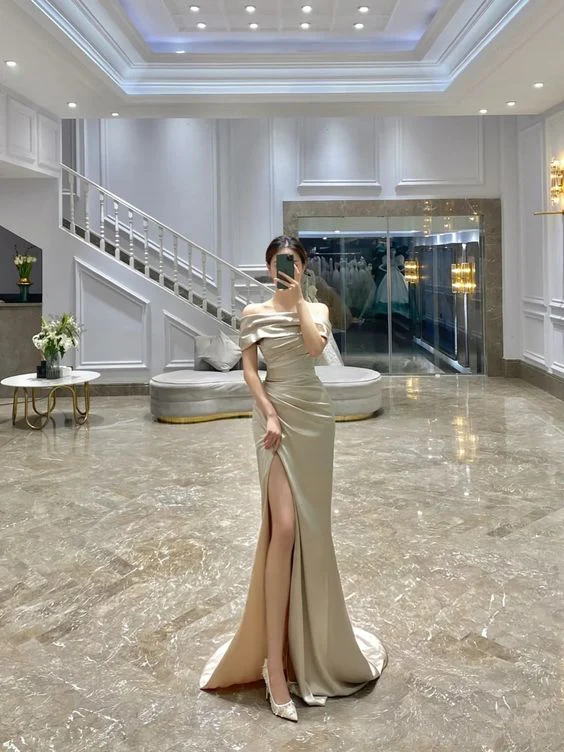 Elegant Mermaid Off The Shoulder Ruffles Satin Slit Prom Dresses Evening Dress HZ1024