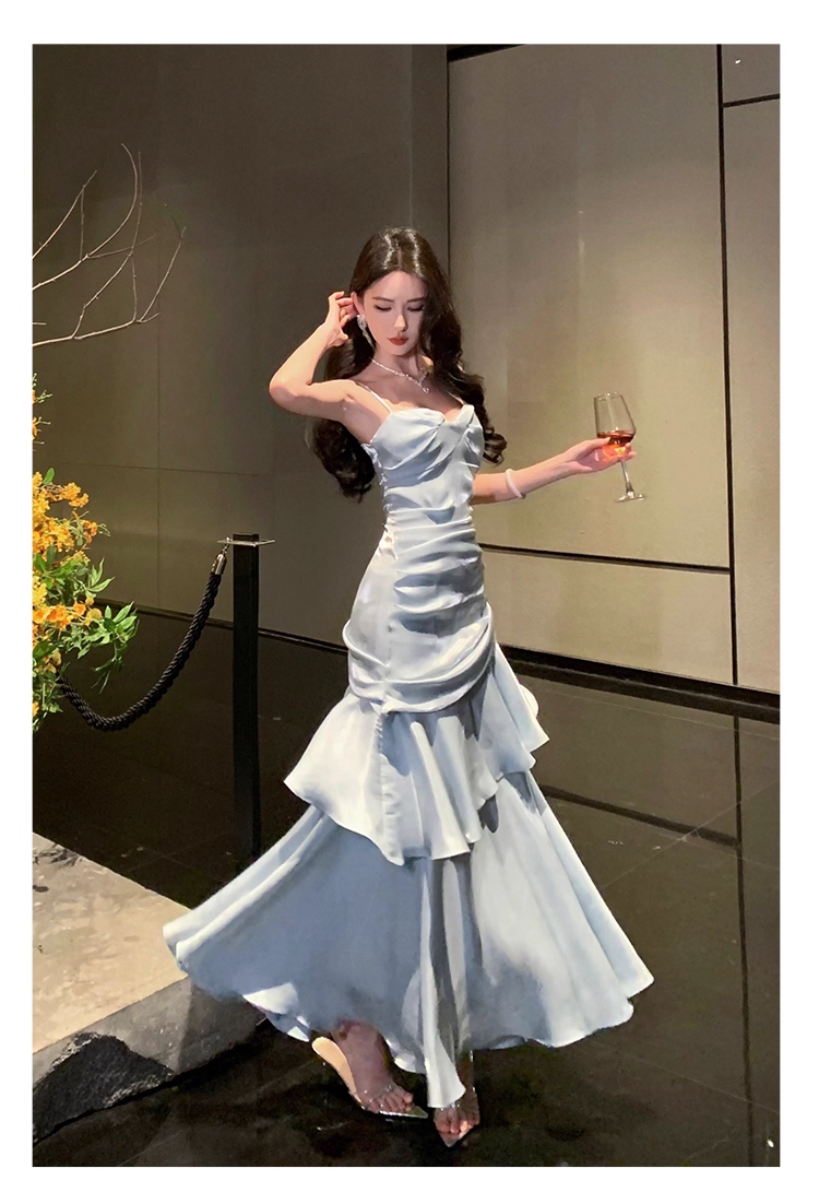 Vintage Blue Sweetheart Spaghetti Strap Mermaid Ruffled Hem Design Sexy Prom Dress Evening Dress HZ1024