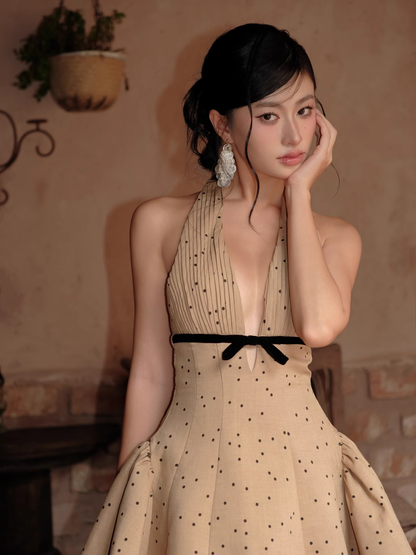 Vintage Khaki Polka Dot A-Line Homecoming Dress Halter-neck Party Dress Short Cocktail Dress HZ1024
