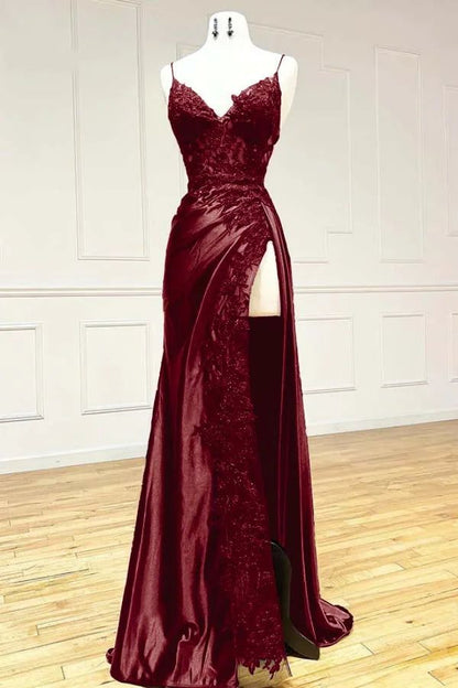 Black fashion classy sexy V-neck exquisite lace spaghetti straps side slits long satin prom dress evening dress party dress gh2611