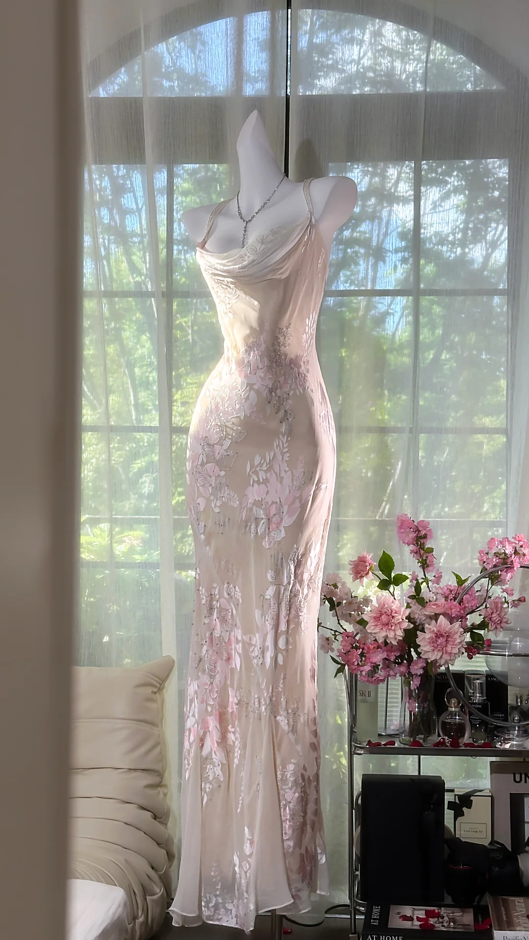 Elegant Light Pink Floral Applique Romantic Chiffon Evening Dress Prom Dresses HZ1024