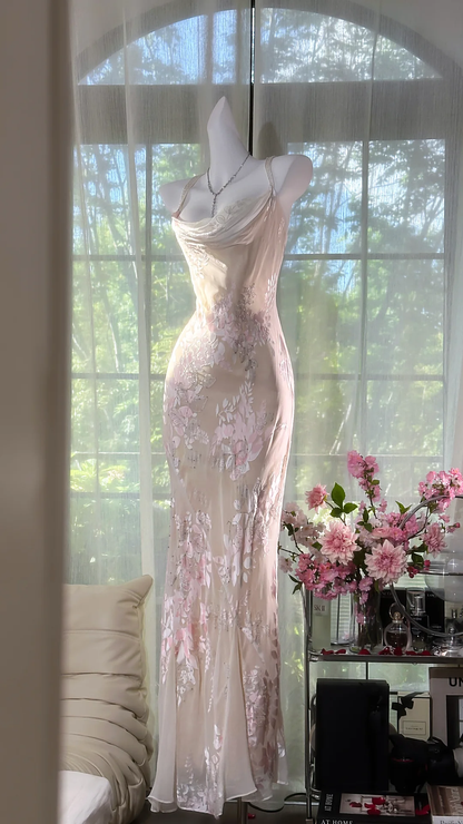 Elegant Light Pink Floral Applique Romantic Chiffon Evening Dress Prom Dresses HZ1024
