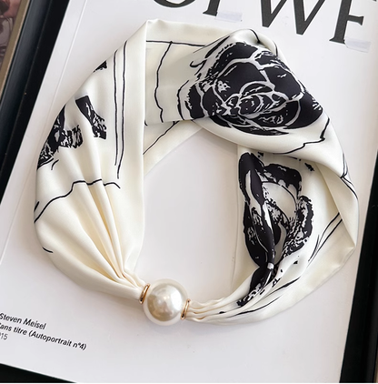 Vintage Floral Design Magnetic Buckle Pearl Soft Silk Scarf HZ1024