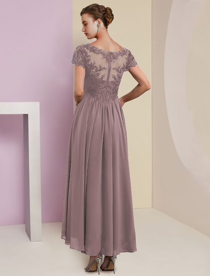 Two Piece A-Line Mother of the Bride Dress Formal Wedding Guest Elegant V Neck Lace Short Sleeve Wrap Included with Pleats Appliques