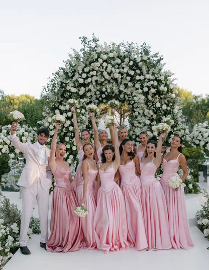 Beautiful Pink Spaghetti Strap Sweetheart A-Line Satin Party Dress Bridesmaid Dress HZ1024
