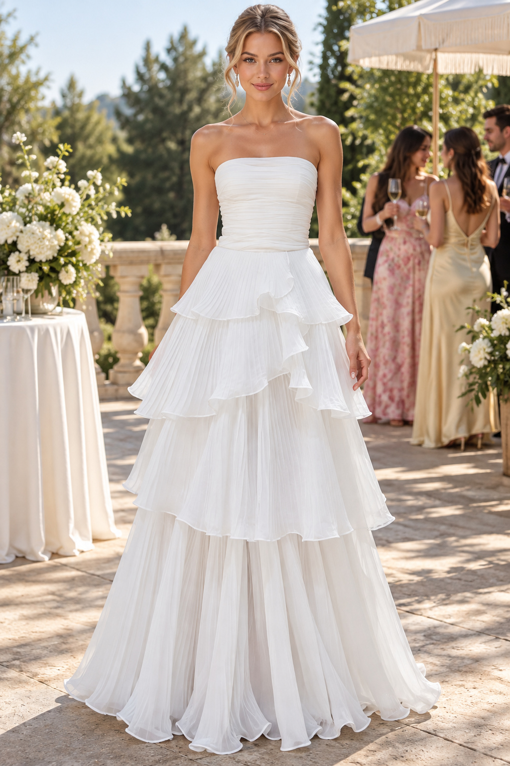 Strapless Tiered Scoop Sleeveless Ruffles White Prom Formal Dress