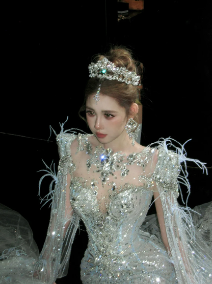 Elegant Glittering Silvery Beaded Sequined Design Mermaid Wedding Dress Prom Dress Evening Dress HZ1024