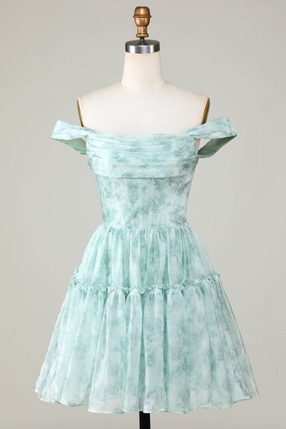 New Fashion Light Green Floral Design A-line Off-the-shoulder Homecoming Dress HZ1024