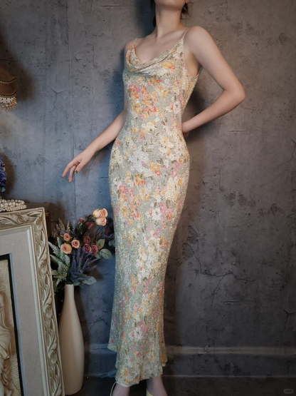 Vintage Floral Spaghetti Strap Sparkling Beaded Design Romantic Chiffon Evening Dress Prom Dress HZ1024