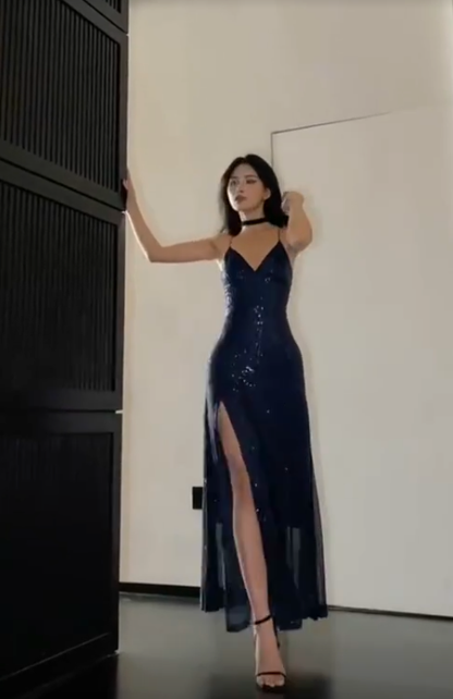 Sparkly Navy Blue Sequins Slit Evening Dress Party Dress cc1707
