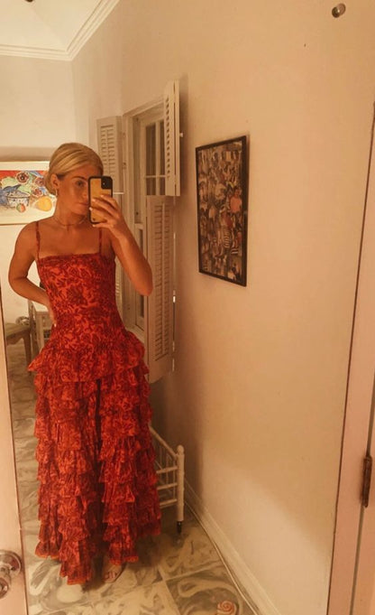 Popular Spaghetti Straps Floor Length Prom Dress New Fashion Tiered Evening Dress  c3329
