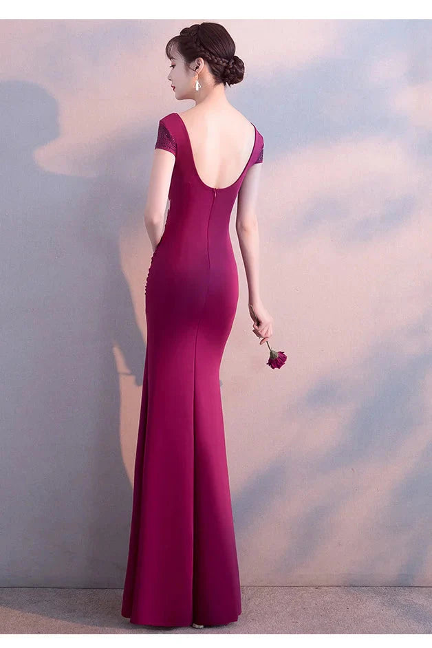 Fabulous Short Sleeves Beads Evening Dress Mermaid V-Neck With Slit