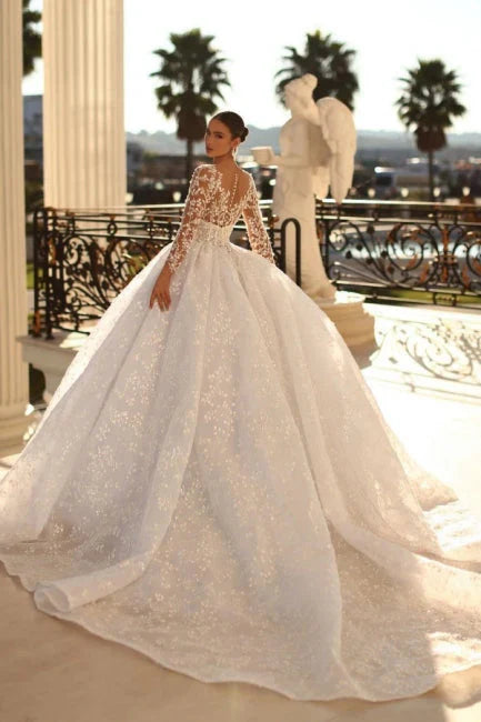 Ivory Ball Gown Wedding Dress Long Sleeves Lace Bridal Dress With Sweep Train Elegant