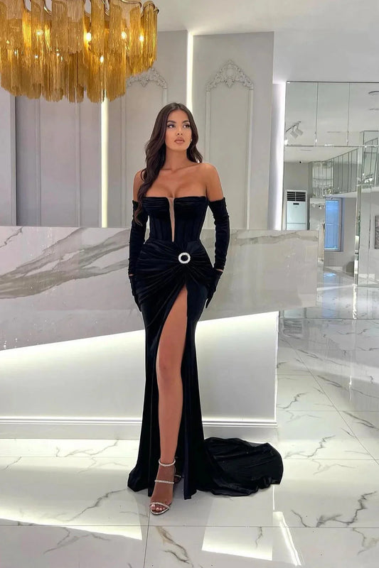 Fashion Black Strapless Mermaid Evening Dress Pleats With Split