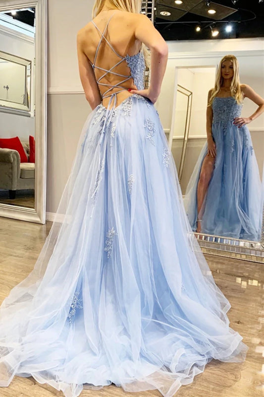 Sky Blue Lace Prom Dresses with High Slit Backless Spaghetti Straps Evening Dresses