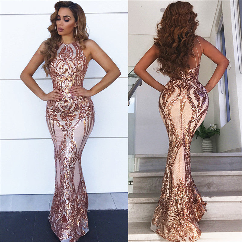 Fashion Sheath Sequins Sleeveless Open Back Prom Dress