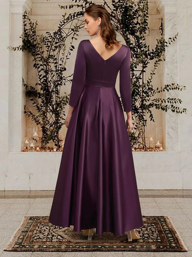 A-Line Mother of the Bride Dress Plus Size Elegant V Neck Ankle Length Satin Long Sleeve with Pleats