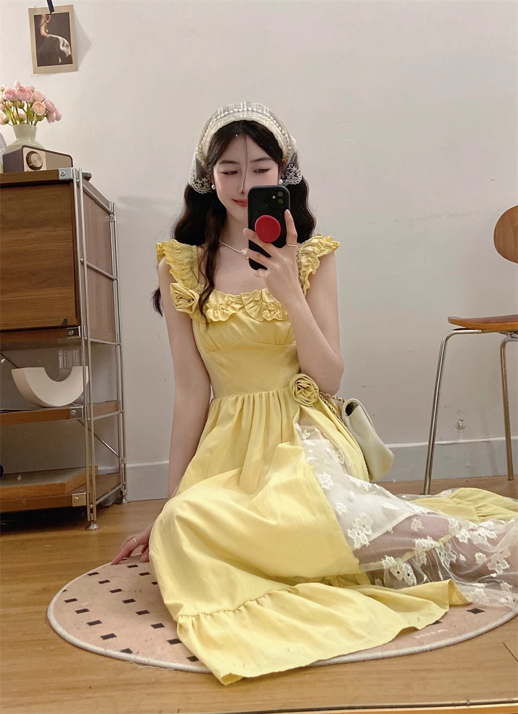 New Simple Fashion Yellow Floral Design A-Line Long Dress HZ1024