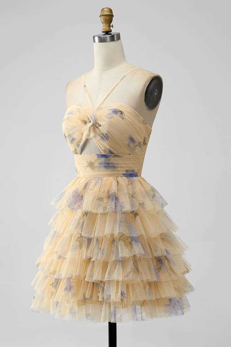 Vintage Yellow Floral Design A-line Spaghetti Strap Tiered Homecoming Dress HZ1024