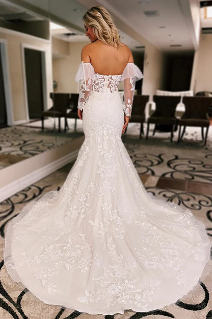 Floral Lace Sweetheart Trumpet Wedding Dress with Detachable Sleeves