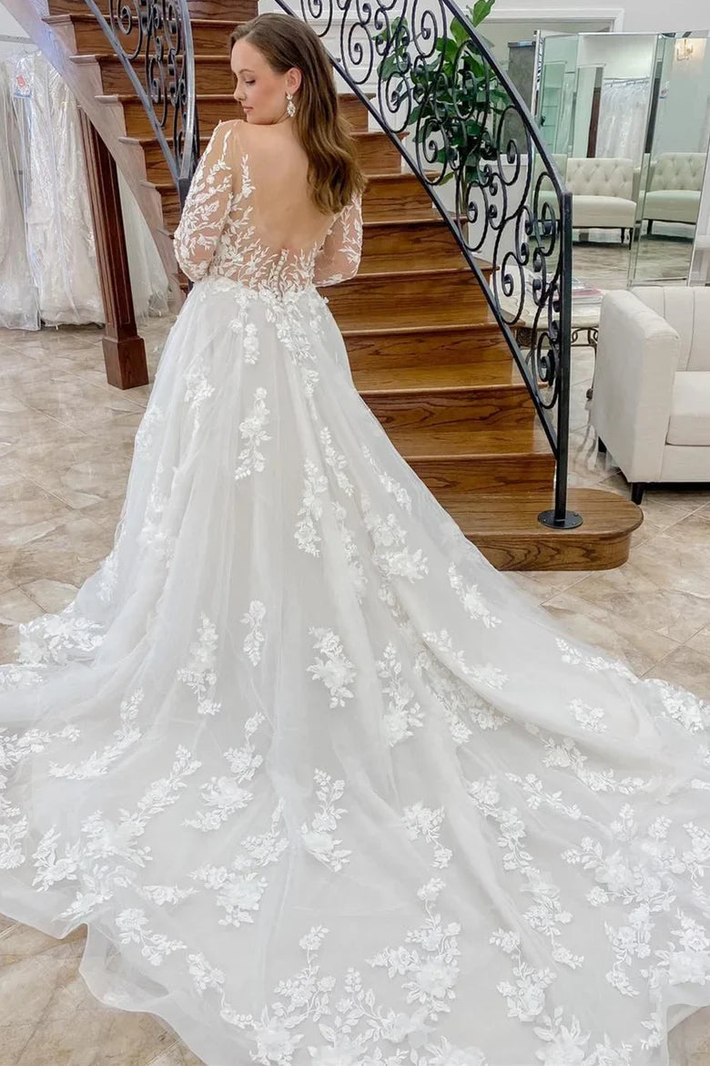 Appliques Long Sleeve Backless Long Wedding Dress