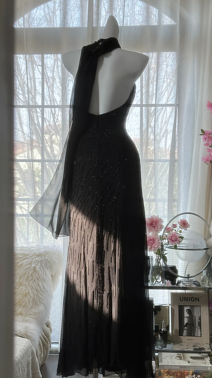 Retro Black V-neck Applique Design Romantic Chiffon Evening Dress Prom Dress HZ1024