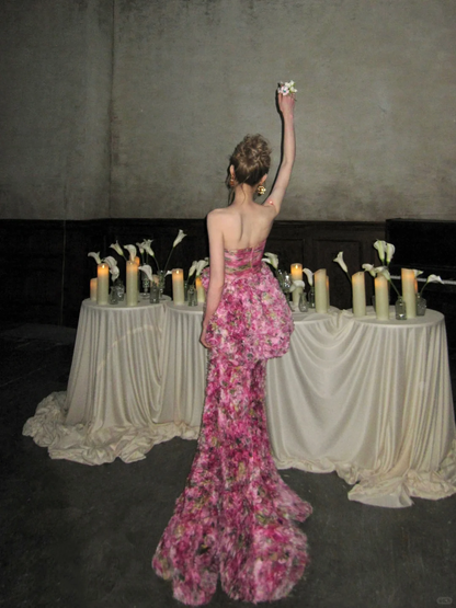 Vintage Pink Floral Strapless Mermaid Design Elegant Prom Dress Evening Dress HZ1024