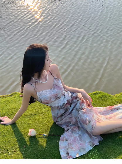 New Fashion Elegant Floral Design Mermaid Spaghetti Strap Dress HZ1024